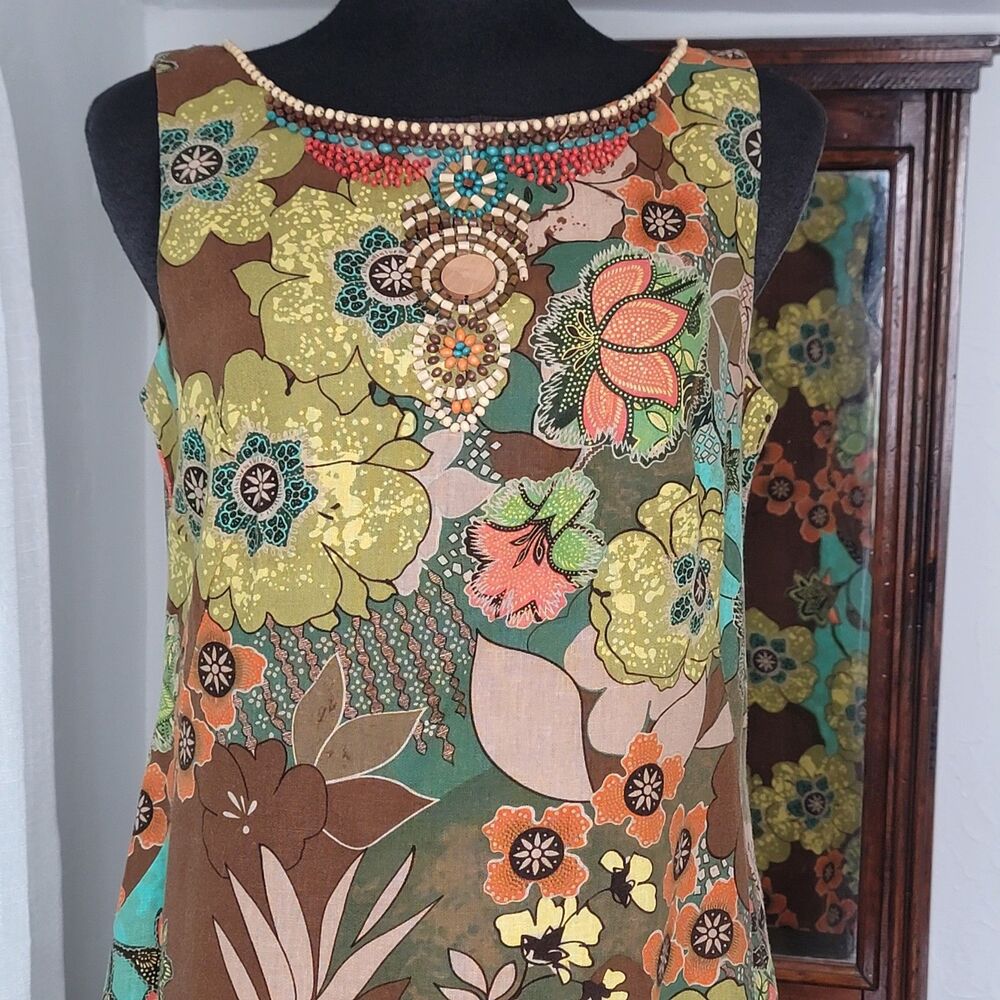 Signature By Robbie Bee Sheath Dress Floral Print Sz 10 Wooden Beads LINEN Retro